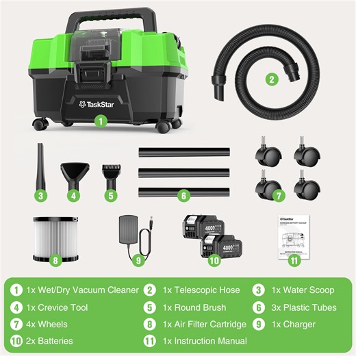 Taskstar 2.6 Gal Brushless Cordless Shop Vacuum Wet Dry with Blower, 2 *4.0Ah Batteries, Strap, 4 Wheels for Garage, Car, Workshop, House