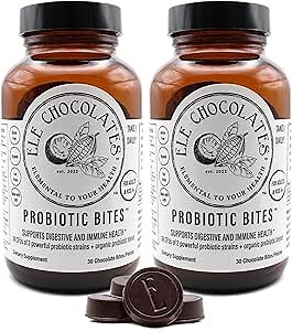 Dark Chocolate Daily Probiotic Supplement Bites 3 Billion CFUs for Digestive Gut Health, Immune Support for Women, Men and Kids, 100% Natural and Organic, Gluten-Free, 2-Pack