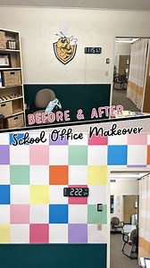 Let's give this drab school office a makeover! We covered the dingy, dinged-up wall with a scrapbook paper checkered pattern and added a few more fun and cheery touches around the room and WOW! It feels like a much more joyful space now. Sources and details are all linked in the comments so you can find everything we used to transform this space. #hobbylobby Hobby Lobby #hobbylobbycreator #ad #classroomdecor | The Craft Patch