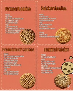 🍪 Oatmeal Cookies Ingredients: 1 cup flour 1 ½ cups old-fashioned oats ½ cup brown sugar ⅓ cup white sugar 1 egg 1 tsp vanilla extract ½ cup salted butter, softened ½ tsp cinnamon powder ½ tsp baking powder --- 🍪 Snickerdoodles Ingredients: 1 ½ cups flour 1 tsp cream of tartar 1 tsp baking soda 1 egg ½ cup salted butter ¾ cup sugar 1 tsp vanilla extract Coating: ¼ cup sugar 2 tbsp cinnamon --- 🍪 Peanut Butter Cookies Ingredients: ½ cup creamy peanut butter ½ cup salted butter ¾ cup brown suga