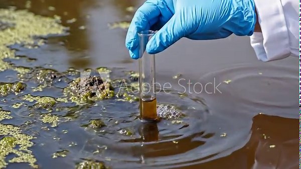 scientist sampling water quality from pond using test kit for environmental