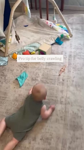 Pro Tip for Belly Crawling! If your little one seems to get stuck trying to crawl forward on their belly, have them start by practicing moving in a circle on their belly first. This engaging exercise builds coordination of arms and legs while strengthening their core-key skills for successful crawling! Once they’re comfortable with the circular movement, they’ll have an easier time attempting to belly crawl forward! For all our crawling tips with videos and hands on help check out our BabyFit ap