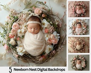 5 Spring Newborn Digital Backdrops, Spring Floral Composite for Baby Girls, Photoshop Overlays, Studio Background, Cream Flowers, - Etsy