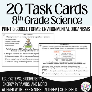 8th Grade Science 20 Review Task Cards | Energy, Biodiversity & Succession