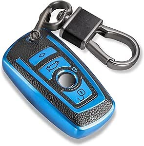 for BMW Key Fob with Leather Keychain, Advanced Soft TPU Surface Grain Key Fob Cover for Classic Style BMW Smart Key (Blue A)
