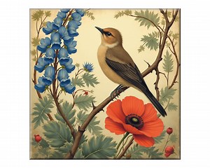 William Morris Style Ceramic Tile Mural: Bird and Flowers Art Tile - Songbird #16 - Etsy