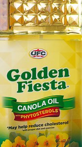 Choose Golden Fiesta, doctors' most recommended canola oil. Enriched with Phytosterols, it helps lower bad cholesterol by up to 15% with proper diet and exercise! ASC Ref No.: N0049P021125G | Golden Fiesta