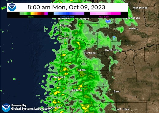 The brief dry pattern we're currently in is expected to end on Monday. Steadier rain pushes through Sunday night through Monday morning, with another round of steadier rain Tuesday into Wednesday. Here's a look at the radar forecast for Monday. | US National Weather Service Portland Oregon