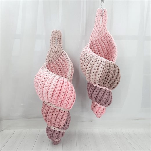 Pink Shell Baskets (set of 2): Cotton Bathroom Storage, Crochet Cottagecore Decor - Etsy
