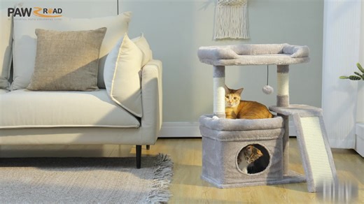 video, PAWZ Road 27-Inch Small Cat Tree Tower for Large Adult Cats with Wide Top Perch, Private C...