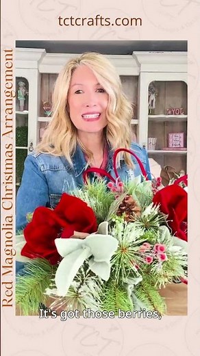 Large Red Velvet Magnolia Christmas Arrangement – Elegant Holiday Centerpiece