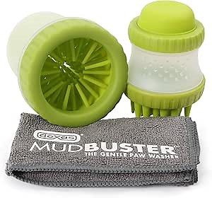 Dexas MudBuster Portable Pet Cleaning Kit with Dog Paw Washer, Pet Bathing Brush, Microfiber Towel, Small, Green