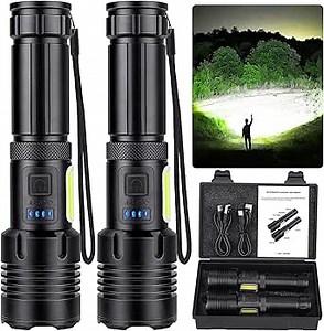 Rechargeable Flashlights High Lumens, 2 Packs High Powered Super Bright Flash Light with 3 Modes & COB Light & Waterproof, Powerful Handheld LED Flashlight for Home Camping Hiking, Black
