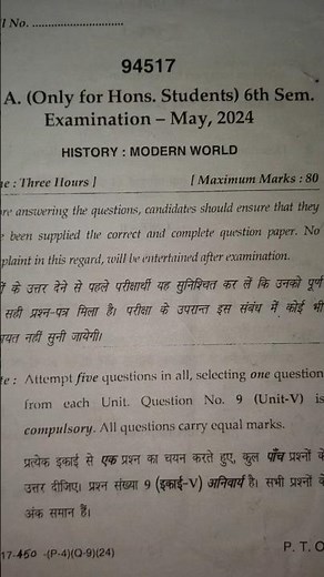 MDU | History: Modern world Question Paper 2024 | 6th sem | BA English Hons | #mdu #questionpaper