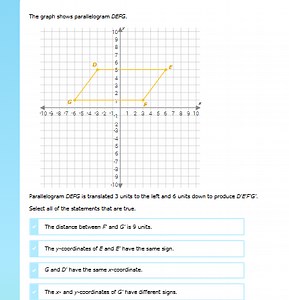 The graph shows parallelogram DEFG.Parallelogram DEFG is tran... | Filo