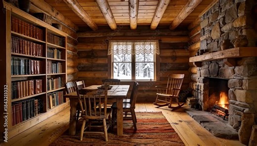 Rustic log cabin interior with stone fireplace, snowy window, and vintage bookshelf for winter comfort.