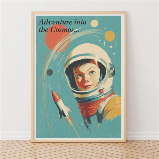 Vintage Astronaut Space Boy Print, Mid Century Space and Cosmos Wall Art, Kid's Bedroom Decor, Retro Comic Space Adventure Art 1950's Design