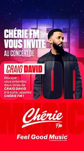 CHERIE FM présente CRAIG DAVID en concert à Paris ! Gagnez vos invitations pour le 24 octobre au Bataclan ! Ecoutez CHERIE FM toute la journée. Dès que vous entendez 2 titres de CRAIG DAVID à la suite, appelez CHÉRIE FM au 3937. Restez-bien à l’écoute de CHERIE FM, FEEL GOOD MUSIC 0.50 € TTC la minute prix appel | Chérie FM