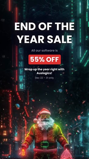 Auslogics on Instagram: "🎄 Best Deals of the Year are here - save 55%! Looking for the perfect end-of-year upgrade for your PC? Auslogics End of Year Sale is officially live 💥 ✨ 55% OFF on every license 📅 December 22-31 only Start the new year with a faster, cleaner, more stable Windows - and save big before the clock hits midnight on New Year’s Eve. ⏳ Don’t wait - these deals disappear when the year ends. 👉 link in bio! #EndOfYearSale #PCDeals #WindowsTips #PCOptimization #TechDeals #Holida