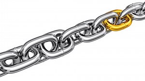 Steel chain with a gold link, 3d animation with alpha matte