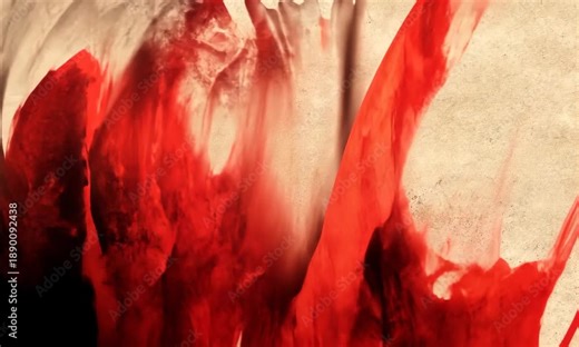 Abstract texture of vibrant red liquid splattering and dripping on a distressed, aged background.