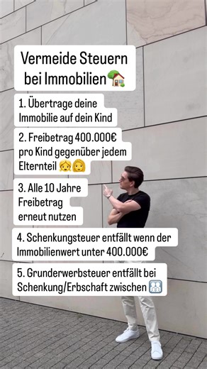 Wusstest du, dass du Immobilien steuerfrei an deine Kinder übertragen kannst? 🤔🏡 Viele Vermögen gehen später durch Erbschaftsteuer verloren, weil das Thema zu spät geplant wird. Dabei gibt es im deutschen Steuerrecht einige Möglichkeiten: ✔️ 400.000 € Freibetrag pro Kind und Elternteil ✔️ Der Freibetrag kann alle 10 Jahre erneut genutzt werden ✔️ Liegt der Wert darunter, fällt keine Schenkungsteuer an ✔️ Bei Schenkung oder Erbschaft innerhalb der Familie entfällt in der Regel auch keine Grunde