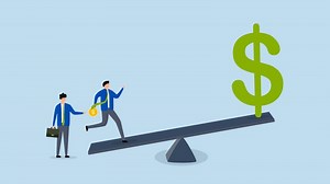 Leverage investing, animation of investors borrow coin from another to use it on a swing to get a big dollar bill.