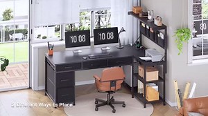 SEDETA Corner Computer Desk, Reversible L Shaped Computer Desk with Fabric Drawers and Power Outlet, 47.2” Gaming Desk with LED Lights, Storage Shelves and Hutch, White