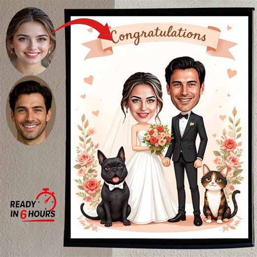 Custom Wedding Caricature Portrait With Pets, Personalized Couple Art Print - Etsy
