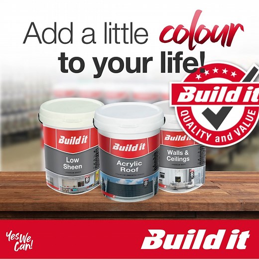 Did you know that the Build it housebrand paint range offers you a variety of paints for both indoor and outdoor use on your walls, ceilings, and roof? Chat to our paint experts in-store to find the right paint, at the right price just for you! Visit www.buildit.co.za to find a store near you. Products may vary by store. | Build it
