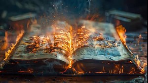 An ancient, worn book with pages aflame, set on an ornate table in a dimly lit room