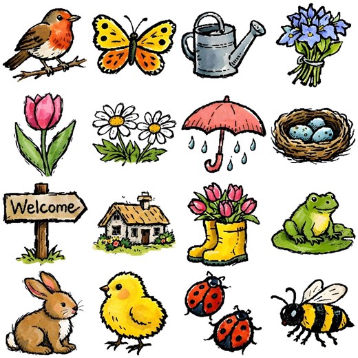 16 Spring Clipart PNG Bundle, Raw, Sketchy Storybook Style, Digital Download - Etsy