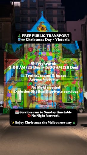 🎄 Christmas just got better in Victoria! Public transport is FREE all day on Christmas Day 🚆🚋 No Myki. No tapping. Just hop on and enjoy the festive vibes across Melbourne and Victoria. 🕒 Free travel period: 3:00 AM (25 Dec) → 3:00 AM (26 Dec) 🚆 Trains, trams & buses 📅 Services run to a Sunday timetable ❌ Excludes SkyBus & private services 🚫 No Night Network Perfect day to explore the city, visit family, or just enjoy a relaxed Christmas ride 🎄✨ 🔗 More details here: https://transport.vi