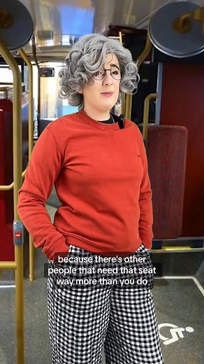 Did you know about the Please offer me a seat badge? It’s a free badge you can get from TFL to indicate that someone has an invisible disability so if you are on transport you should look out for them! No, we aren’t faking! #Access: Video description: Video begins with Eliza a White fem person sitting on bus wearing please offer me a seat badge, there is text that reads ‘me sitting on the bus with my please offer me a seat badge’ we then see eliza with grey hair standing up looking annoyed, they