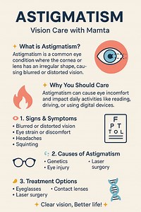 ⭐ Astigmatism Vision Care with Mamta ✨ What is Astigmatism? Astigmatism is a common eye condition where the cornea or lens has an irregular shape, causing blurred or distorted vision at all distances. It can occur alone or along with myopia (nearsightedness) or hyperopia (farsightedness). 🔥 Why You Should Care If left uncorrected, astigmatism can cause: Eye strain Headaches Difficulty reading Blurry night vision It can also impact daily tasks like driving, studying, and using digital devices. �