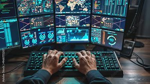 cybersecurity professional focused on analyzing and securing data across multiple computer monitors in a high-tech digital environment.