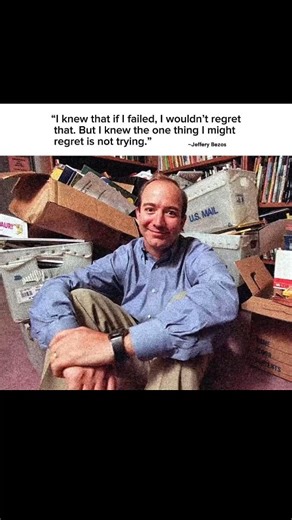Finance | Wealth | Prosperity on Instagram: "“I knew that if I failed, I wouldn’t regret that. But I knew the one thing I might regret is not trying.” — Jeff Bezos . . . . . If you’ve ever wanted to do something big — start a business, quit the 9→5, or build real wealth — this one sentence separates the people who actually win from everyone else. Most people wait until everything “feels safe.” They wait for the perfect plan, the perfect time, the perfect bank balance. Meanwhile the world keeps h