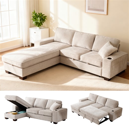 ASHOMELI 99" Convertible Sleeper Sofa Bed,L Shaped with Storage Chaise Pull Out Couch for Living Room,USB and Type-C,Removable Washable Chenille Covers (Beige)