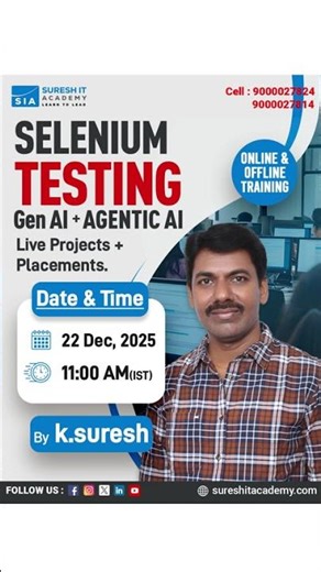 Selenium Testing Session by K Suresh | Live at Suresh IT Academy | Dec 22 | 11.00AM