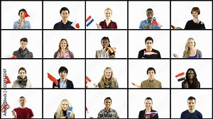 Collage of Multiple young people waving national flags in Squares on Grid – Diverse and Multi-cultural on White background - Stock Video Clip Footage