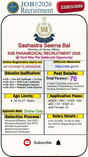 SSB Paramedical Recruitment 2026 🚨| SSB Paramedical Vacancy 2026| Government Job Vacancy 2026 #ssb