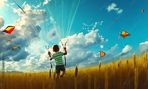 Kids flying kites in a wide open field, colorful kites soaring, hyperrealistic . Video Stock Video