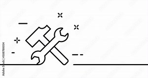 Builders tools. Repair, hammer, wrench, mend, fix, build, house, building. Construction concept. One line drawing animation. Motion design. Animated technology logo. Video 4K