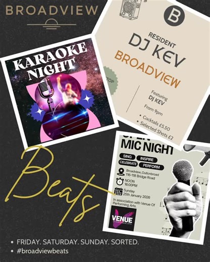 Broadview Beats is back this weekend 🎶 We’ve got live entertainment every Friday, Saturday, and Sunday, all year round. • Friday: Karaoke night hosted by the one and only Pyevarotti • Saturday: DJ Kev returns, back in the mix. • Sunday: Something a little different, @venueofperformingarts singers performing live 12–4pm, showcasing a range of songs in a relaxed afternoon session. #Broadview #BroadviewPub #BroadviewNights #LocalPub #weekendvibes✌️ | Broadview Oulton Broad