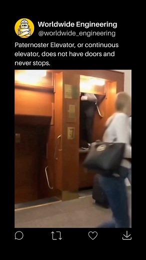 WORLDWIDE ENGINEERING 🌍 on Instagram: "Paternoster Elevator, also known as a continuous elevator, operates on a loop system without traditional doors, allowing users to step in and out as it moves continuously. This design is more efficient in terms of space and time, as there’s no waiting for doors to open and close. However, safety concerns have led to many of these elevators being decommissioned due to the risk of accidents, such as people getting caught between the elevator and the shaft. D