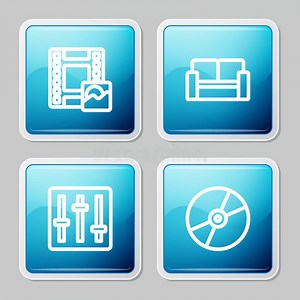 Set Line Play Video Cinema Silla Controlador Mezclador De Sonido Y Cd O Dvd Icono De Disco. Vector Ilustración del Vector - Ilustración: 203453964