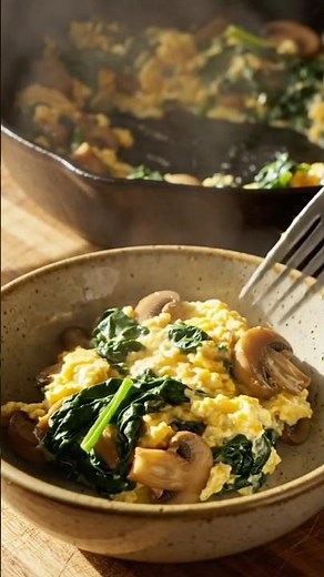 Not your average scrambled eggs. Mushrooms, spinach, and a proper soft-scramble technique. 🍄🌿
