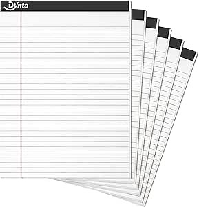 Dynta Legal Pads 8.5 x 11 Writing Notepad, 6 Packs Letter Pad Wide Ruled White Paper, Micro Perforated 45 Sheets/90 Pages (70GSM) Legal Pad for School, College, Office, Business