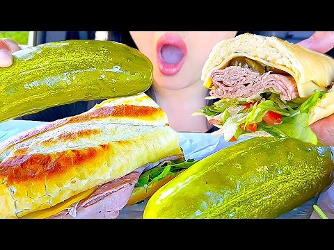 ASMR GIANT PICKLE with Roast Beef Sandwich (Eating Sounds) ASMR Phan