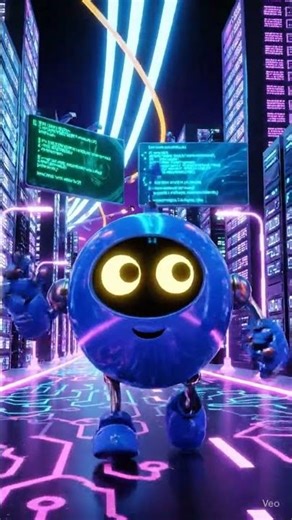 cartoon robot walking through a futuristic IT-themed city.